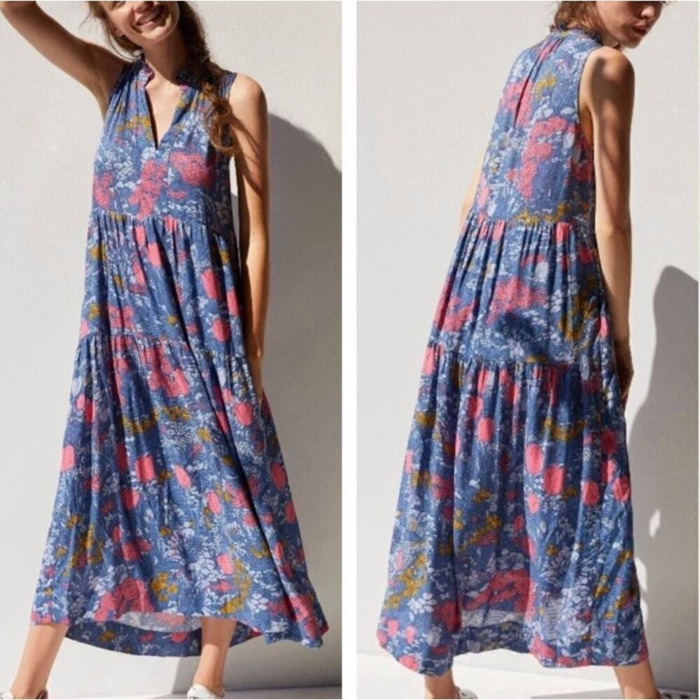 Anthropologie Maeve Marya Tiered Midi Modal Dress Blue Floral sz S Boho Prairie